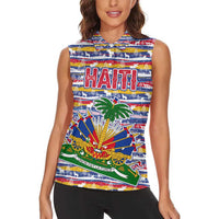 Haiti Christmas Women Sleeveless Polo Shirt with Blue Red Yellow Xmas Santa Sleigh and Coat of Arms - Wonder Print Shop