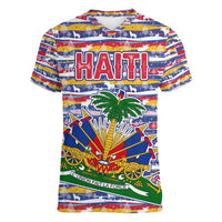 Haiti Christmas Women V-Neck T-Shirt with Blue Red Yellow Xmas Santa Sleigh and Coat of Arms - Wonder Print Shop