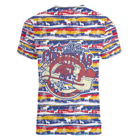 Haiti Christmas Women V-Neck T-Shirt with Blue Red Yellow Xmas Santa Sleigh and Coat of Arms - Wonder Print Shop