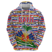 Haiti Christmas Zip Hoodie with Blue Red Yellow Xmas Santa Sleigh and Coat of Arms - Wonder Print Shop