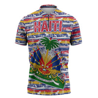 Haiti Christmas Zipper Polo Shirt with Blue Red Yellow Xmas Santa Sleigh and Coat of Arms - Wonder Print Shop