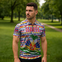 Haiti Christmas Zipper Polo Shirt with Blue Red Yellow Xmas Santa Sleigh and Coat of Arms - Wonder Print Shop