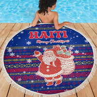 Haiti Christmas Beach Blanket with Blue Red Xmas Santa Snowflake and Map - Wonder Print Shop