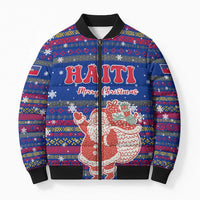 Haiti Christmas Bomber Puffer Jacket with Blue Red Xmas Santa Snowflake and Map - Wonder Print Shop