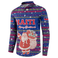 Haiti Christmas Button Sweatshirt with Blue Red Xmas Santa Snowflake and Map - Wonder Print Shop