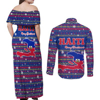 Haiti Christmas Couples Matching Off Shoulder Maxi Dress and Long Sleeve Button Shirt with Blue Red Xmas Santa Snowflake and Map - Wonder Print Shop