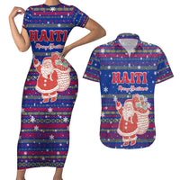 Haiti Christmas Couples Matching Short Sleeve Bodycon Dress and Hawaiian Shirt with Blue Red Xmas Santa Snowflake and Map - Wonder Print Shop