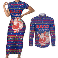 Haiti Christmas Couples Matching Short Sleeve Bodycon Dress and Long Sleeve Button Shirt with Blue Red Xmas Santa Snowflake and Map - Wonder Print Shop