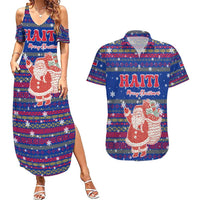 Haiti Christmas Couples Matching Summer Maxi Dress and Hawaiian Shirt with Blue Red Xmas Santa Snowflake and Map - Wonder Print Shop