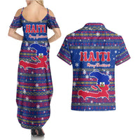 Haiti Christmas Couples Matching Summer Maxi Dress and Hawaiian Shirt with Blue Red Xmas Santa Snowflake and Map - Wonder Print Shop