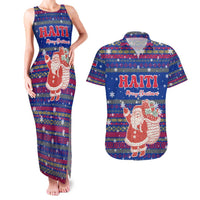 Haiti Christmas Couples Matching Tank Maxi Dress and Hawaiian Shirt with Blue Red Xmas Santa Snowflake and Map - Wonder Print Shop