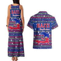 Haiti Christmas Couples Matching Tank Maxi Dress and Hawaiian Shirt with Blue Red Xmas Santa Snowflake and Map - Wonder Print Shop