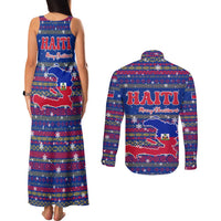 Haiti Christmas Couples Matching Tank Maxi Dress and Long Sleeve Button Shirt with Blue Red Xmas Santa Snowflake and Map - Wonder Print Shop