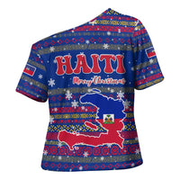Haiti Christmas Cross Shoulder Shirt with Blue Red Xmas Santa Snowflake and Map - Wonder Print Shop