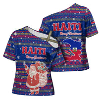 Haiti Christmas Cross Shoulder Shirt with Blue Red Xmas Santa Snowflake and Map - Wonder Print Shop