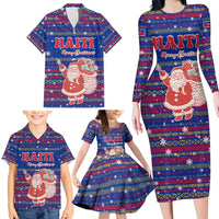 Haiti Christmas Family Matching Long Sleeve Bodycon Dress and Hawaiian Shirt with Blue Red Xmas Santa Snowflake and Map - Wonder Print Shop