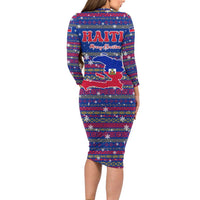 Haiti Christmas Family Matching Long Sleeve Bodycon Dress and Hawaiian Shirt with Blue Red Xmas Santa Snowflake and Map - Wonder Print Shop