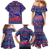 Haiti Christmas Family Matching Mermaid Dress and Hawaiian Shirt with Blue Red Xmas Santa Snowflake and Map - Wonder Print Shop