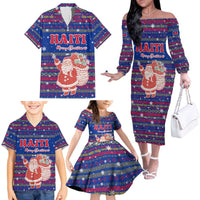 Haiti Christmas Family Matching Off The Shoulder Long Sleeve Dress and Hawaiian Shirt with Blue Red Xmas Santa Snowflake and Map - Wonder Print Shop