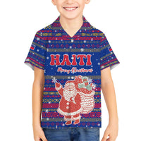 Haiti Christmas Family Matching Off The Shoulder Long Sleeve Dress and Hawaiian Shirt with Blue Red Xmas Santa Snowflake and Map - Wonder Print Shop