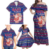 Haiti Christmas Family Matching Off Shoulder Maxi Dress and Hawaiian Shirt with Blue Red Xmas Santa Snowflake and Map - Wonder Print Shop