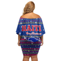 Haiti Christmas Family Matching Off Shoulder Short Dress and Hawaiian Shirt with Blue Red Xmas Santa Snowflake and Map - Wonder Print Shop
