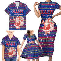 Haiti Christmas Family Matching Short Sleeve Bodycon Dress and Hawaiian Shirt with Blue Red Xmas Santa Snowflake and Map - Wonder Print Shop