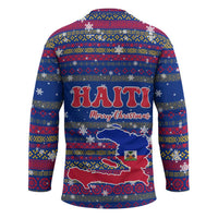 Haiti Christmas Hockey Jersey with Blue Red Xmas Santa Snowflake and Map - Wonder Print Shop