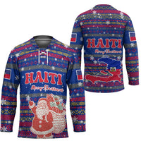 Haiti Christmas Hockey Jersey with Blue Red Xmas Santa Snowflake and Map - Wonder Print Shop