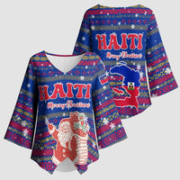 Haiti Christmas Kimono Sleeve Blouse with Blue Red Xmas Santa Snowflake and Map - Wonder Print Shop