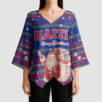 Haiti Christmas Kimono Sleeve Blouse with Blue Red Xmas Santa Snowflake and Map - Wonder Print Shop