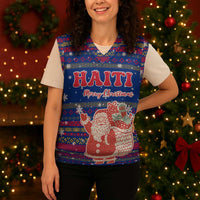 Haiti Christmas Knitted V-Neck Vest with Blue Red Xmas Santa Snowflake and Map - Wonder Print Shop