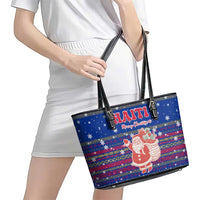 Haiti Christmas Leather Tote Bag with Blue Red Xmas Santa Snowflake and Map - Wonder Print Shop