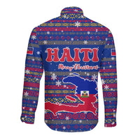 Haiti Christmas Long Sleeve Button Shirt with Blue Red Xmas Santa Snowflake and Map - Wonder Print Shop