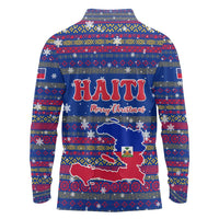 Haiti Christmas Long Sleeve Polo Shirt with Blue Red Xmas Santa Snowflake and Map - Wonder Print Shop