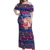 Haiti Christmas Off Shoulder Maxi Dress with Blue Red Xmas Santa Snowflake and Map - Wonder Print Shop