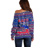 Haiti Christmas Off Shoulder Sweater with Blue Red Xmas Santa Snowflake and Map - Wonder Print Shop