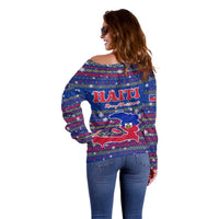 Haiti Christmas Off Shoulder Sweater with Blue Red Xmas Santa Snowflake and Map - Wonder Print Shop
