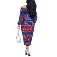 Haiti Christmas Off The Shoulder Long Sleeve Dress with Blue Red Xmas Santa Snowflake and Map - Wonder Print Shop