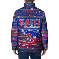 Haiti Christmas Padded Jacket with Blue Red Xmas Santa Snowflake and Map - Wonder Print Shop