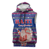 Haiti Christmas Sleeveless Hoodie with Blue Red Xmas Santa Snowflake and Map - Wonder Print Shop