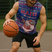 Haiti Christmas Sleeveless Hoodie with Blue Red Xmas Santa Snowflake and Map - Wonder Print Shop