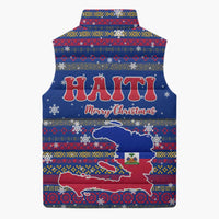 Haiti Christmas Sleeveless Puffer Jacket with Blue Red Xmas Santa Snowflake and Map - Wonder Print Shop