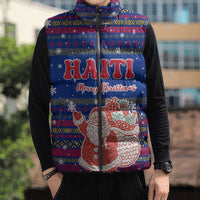 Haiti Christmas Sleeveless Puffer Jacket with Blue Red Xmas Santa Snowflake and Map - Wonder Print Shop
