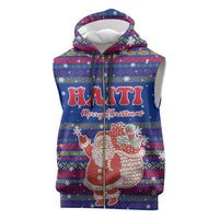Haiti Christmas Sleeveless Zip Hoodie with Blue Red Xmas Santa Snowflake and Map - Wonder Print Shop