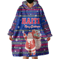 Haiti Christmas Wearable Blanket Hoodie with Blue Red Xmas Santa Snowflake and Map - Wonder Print Shop