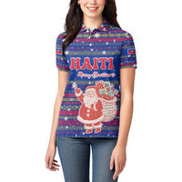 Haiti Christmas Women Polo Shirt with Blue Red Xmas Santa Snowflake and Map - Wonder Print Shop