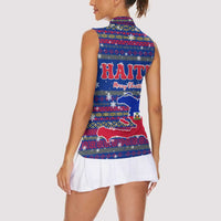 Haiti Christmas Women Sleeveless Polo Shirt with Blue Red Xmas Santa Snowflake and Map - Wonder Print Shop