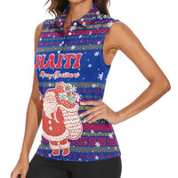 Haiti Christmas Women Sleeveless Polo Shirt with Blue Red Xmas Santa Snowflake and Map - Wonder Print Shop
