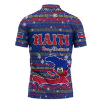 Haiti Christmas Zipper Polo Shirt with Blue Red Xmas Santa Snowflake and Map - Wonder Print Shop